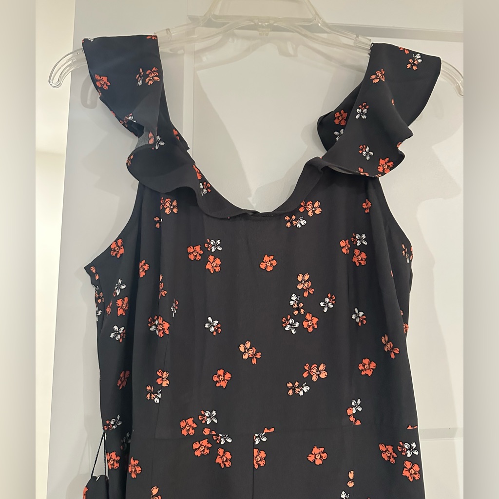 Loft Black Jumpsuit With Red Floral And Ruffle Details